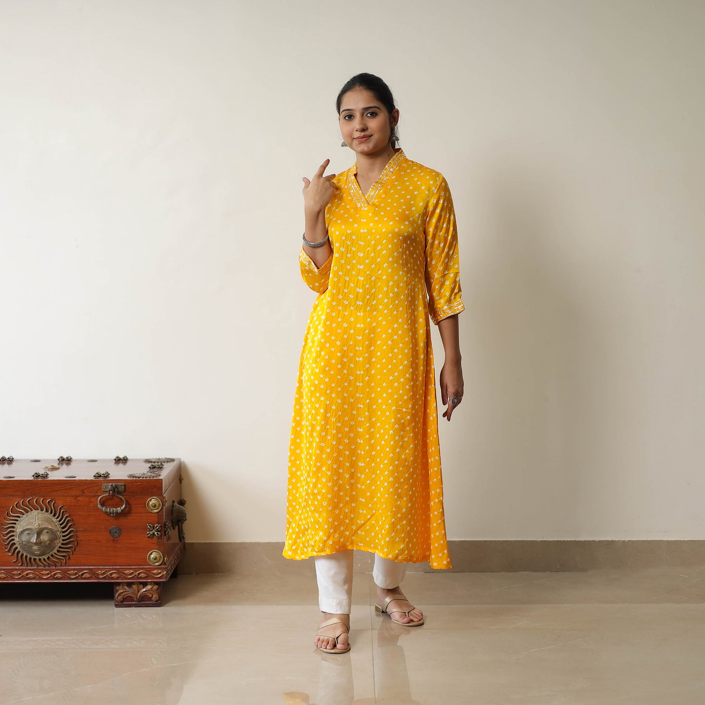 Orange - Tie & dye Modal Silk A-Line Bandhani Kurta 11