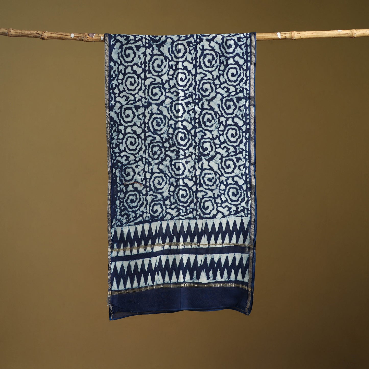 Blue - Pipad Hand Block Print Natural Dyed Chanderi Silk Handloom Stole 22