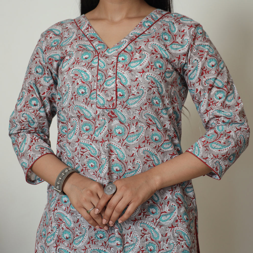 Grey - Sanganeri Block Printed Cotton Kurta with Palazzo Set 04