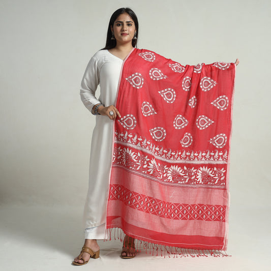 Red - Bengal Kantha Embroidery Cotton Handloom Dupatta 103