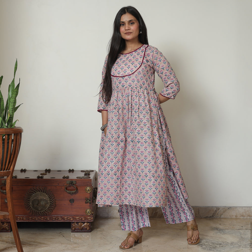 Pink - Sanganeri Block Printed Cotton Kali Kurta with Palazzo Set 09