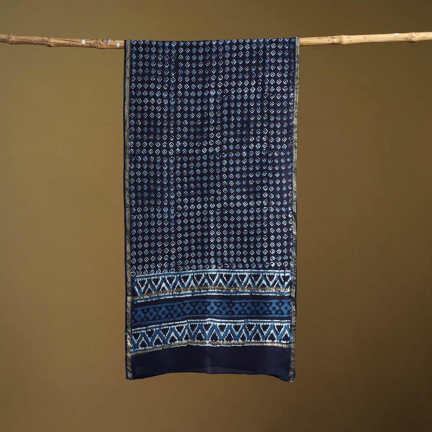 Blue - Pipad Hand Block Print Natural Dyed Chanderi Silk Handloom Stole 26