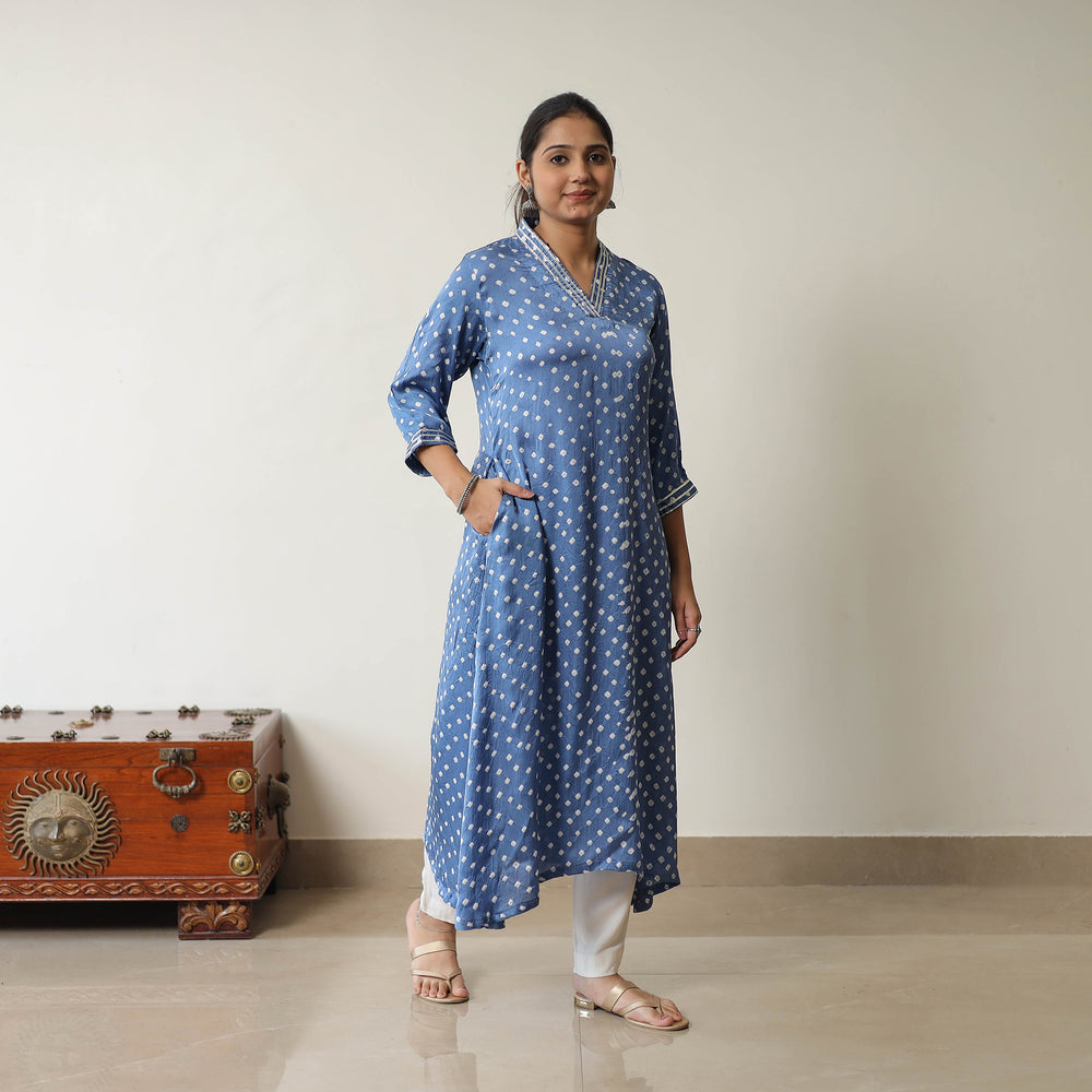 Blue - Tie & dye Modal Silk A-Line Bandhani Kurta 09