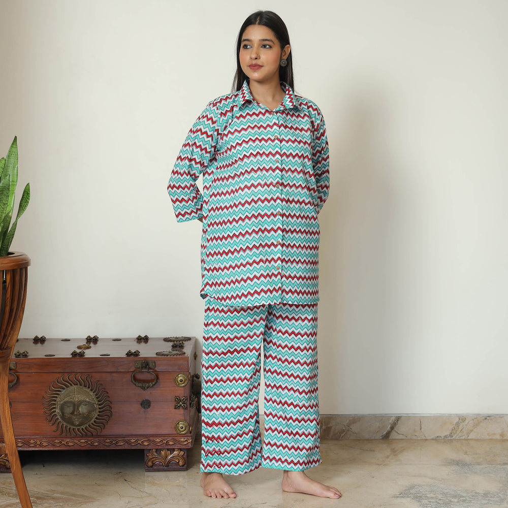 Multicolor - Sanganeri Block Printed Cotton Night Suit Set 12