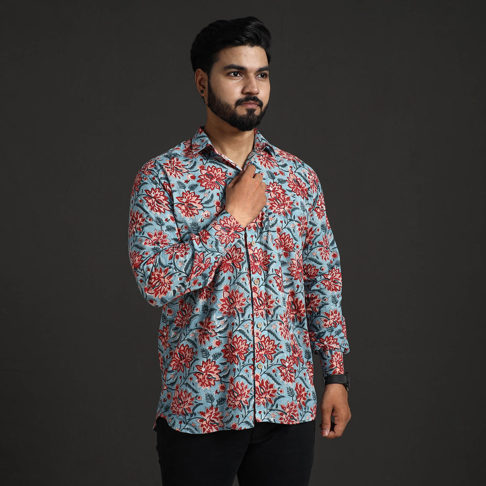 Blue - Sanganeri Block Printed Cotton Men Full Sleeve Shirt 13