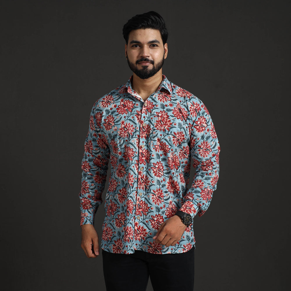 Blue - Sanganeri Block Printed Cotton Men Full Sleeve Shirt 13