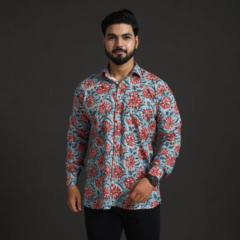 Blue - Sanganeri Block Printed Cotton Men Full Sleeve Shirt 13