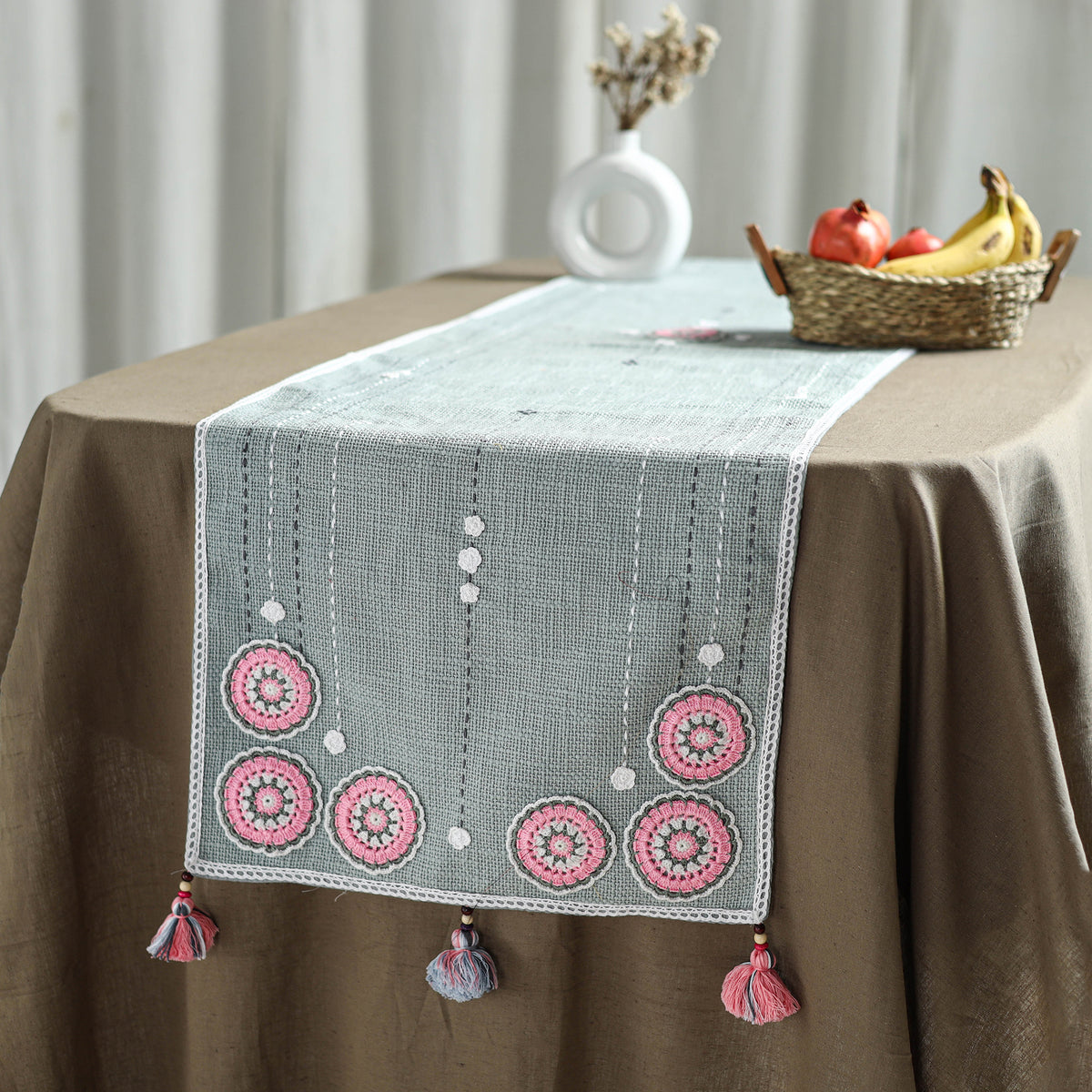 Grey - Tribal Hand Embroidered Table Runner by Kamli 08