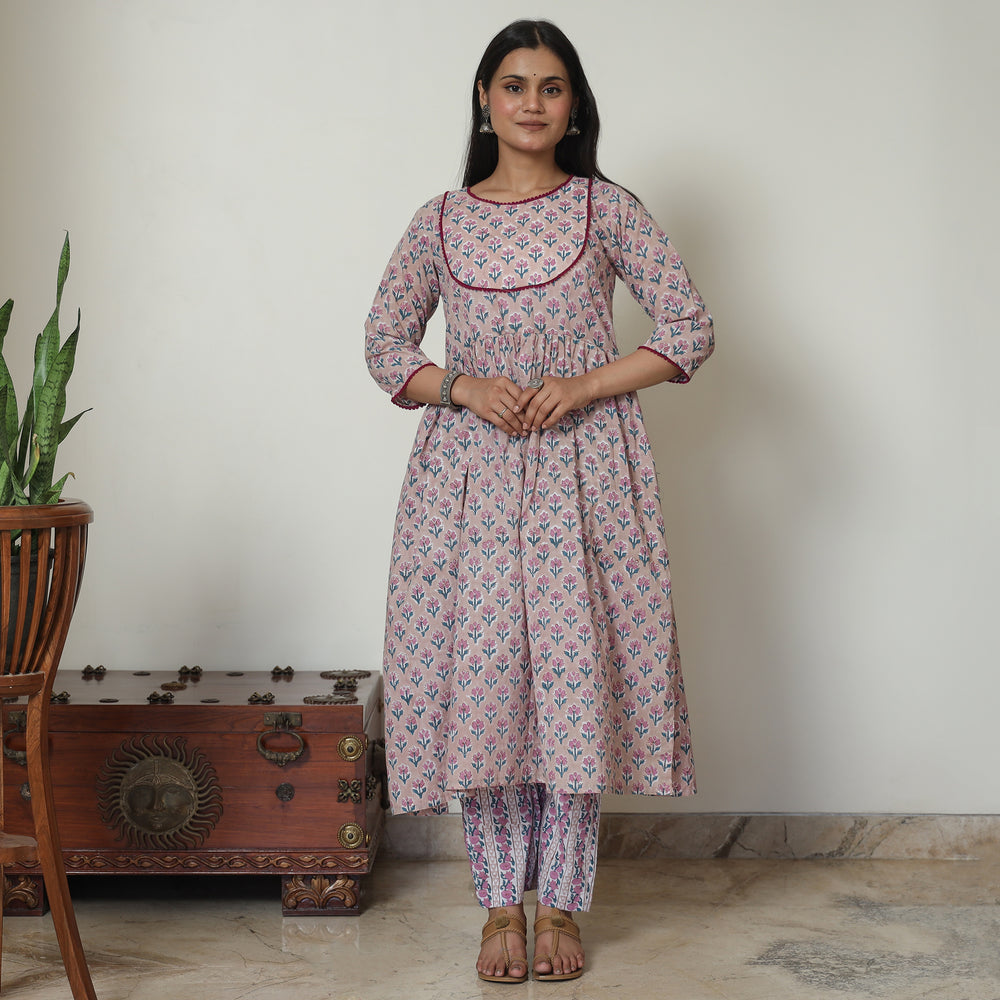 Pink - Sanganeri Block Printed Cotton Kali Kurta with Palazzo Set 09