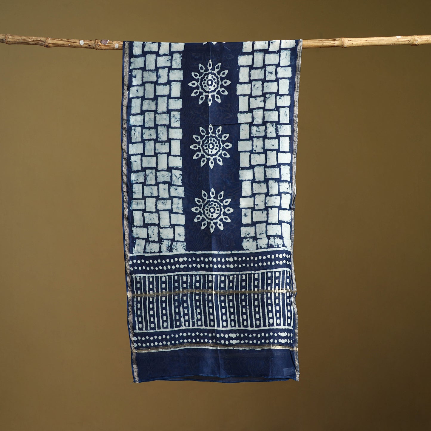 Blue - Pipad Hand Block Print Natural Dyed Chanderi Silk Handloom Stole 30