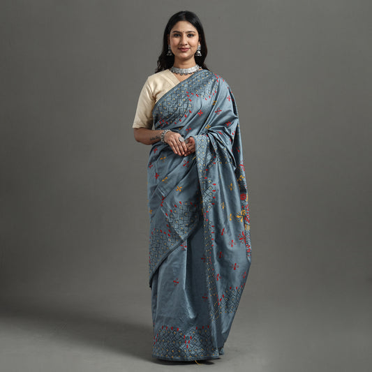 Grey - Bengal Nakshi Kantha Embroidery Silk Saree