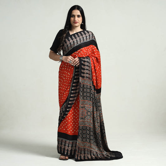 Black - Ajrakh Block Printed Bandhani Modal Silk Saree