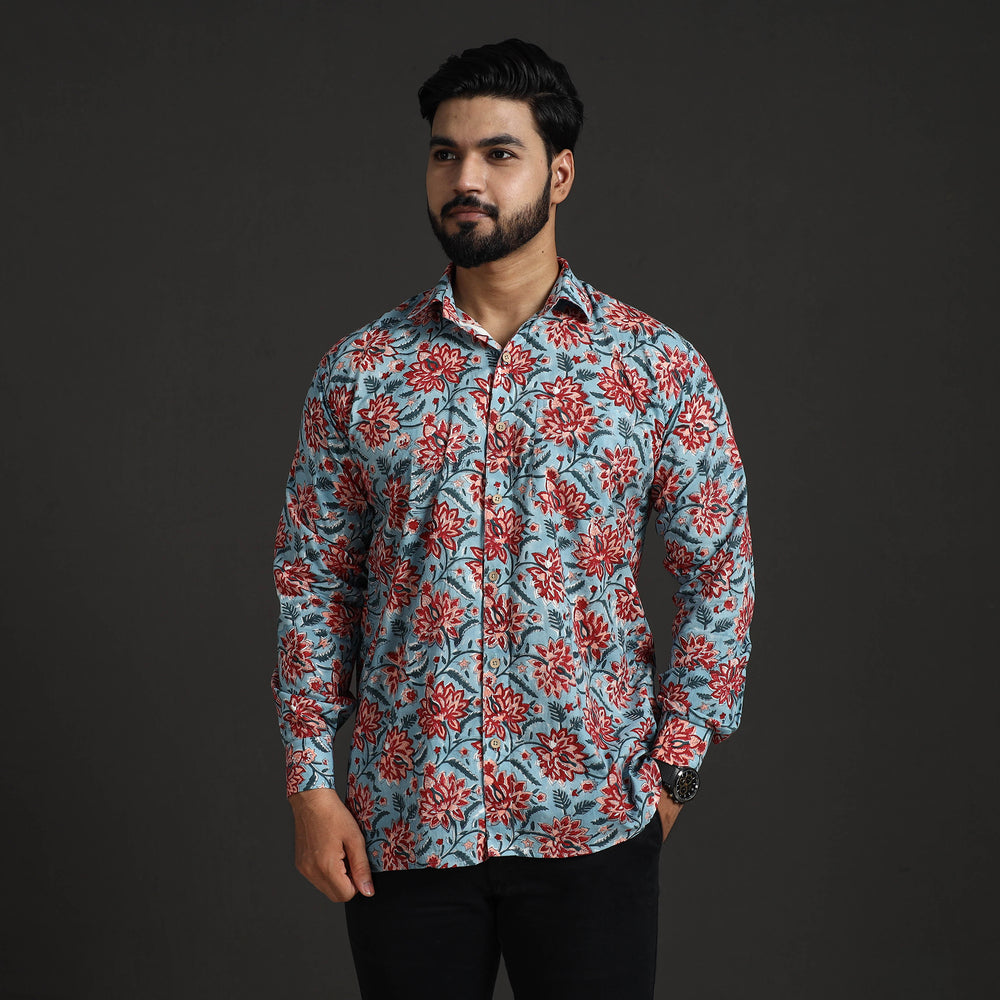 Blue - Sanganeri Block Printed Cotton Men Full Sleeve Shirt 13