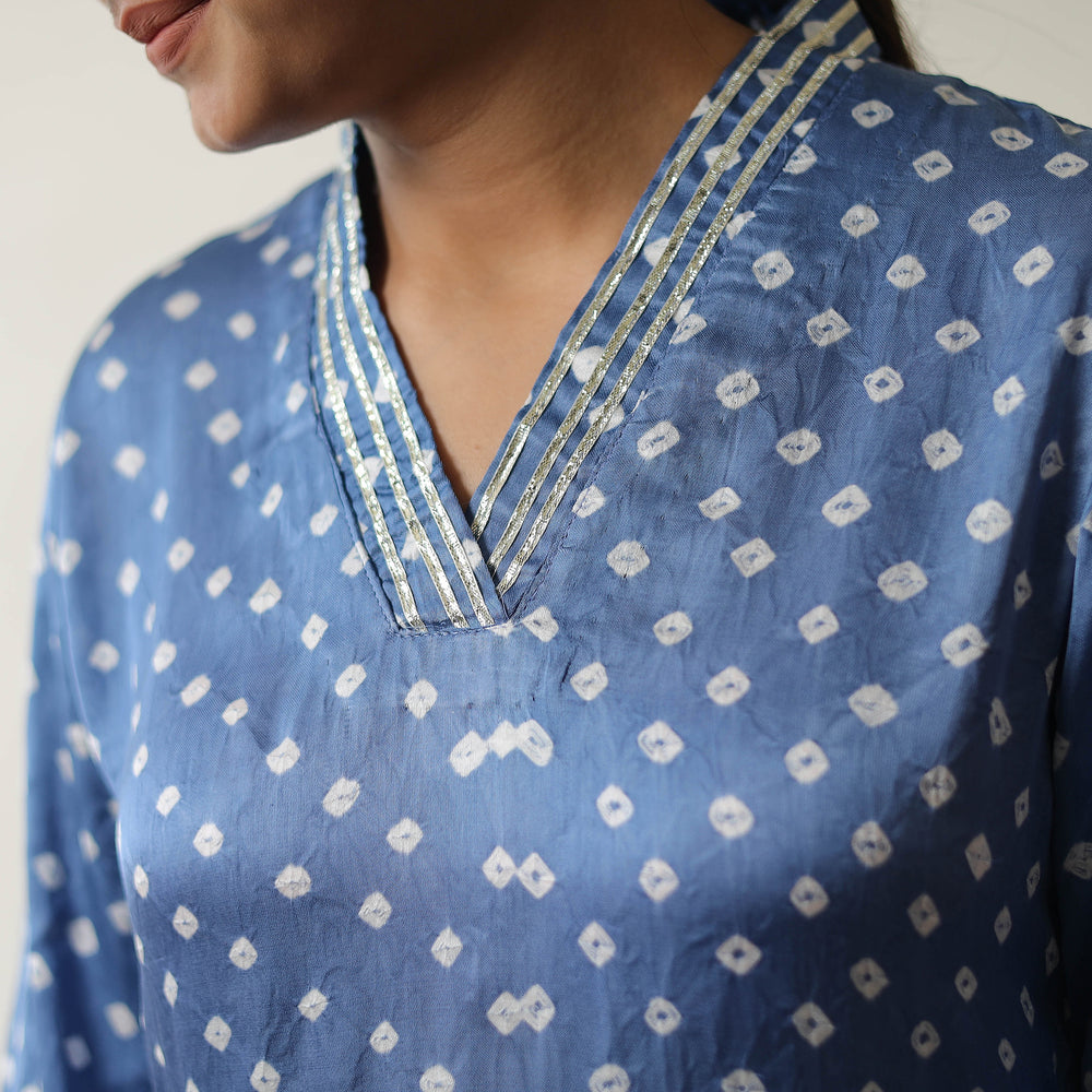 Blue - Tie & dye Modal Silk A-Line Bandhani Kurta 09