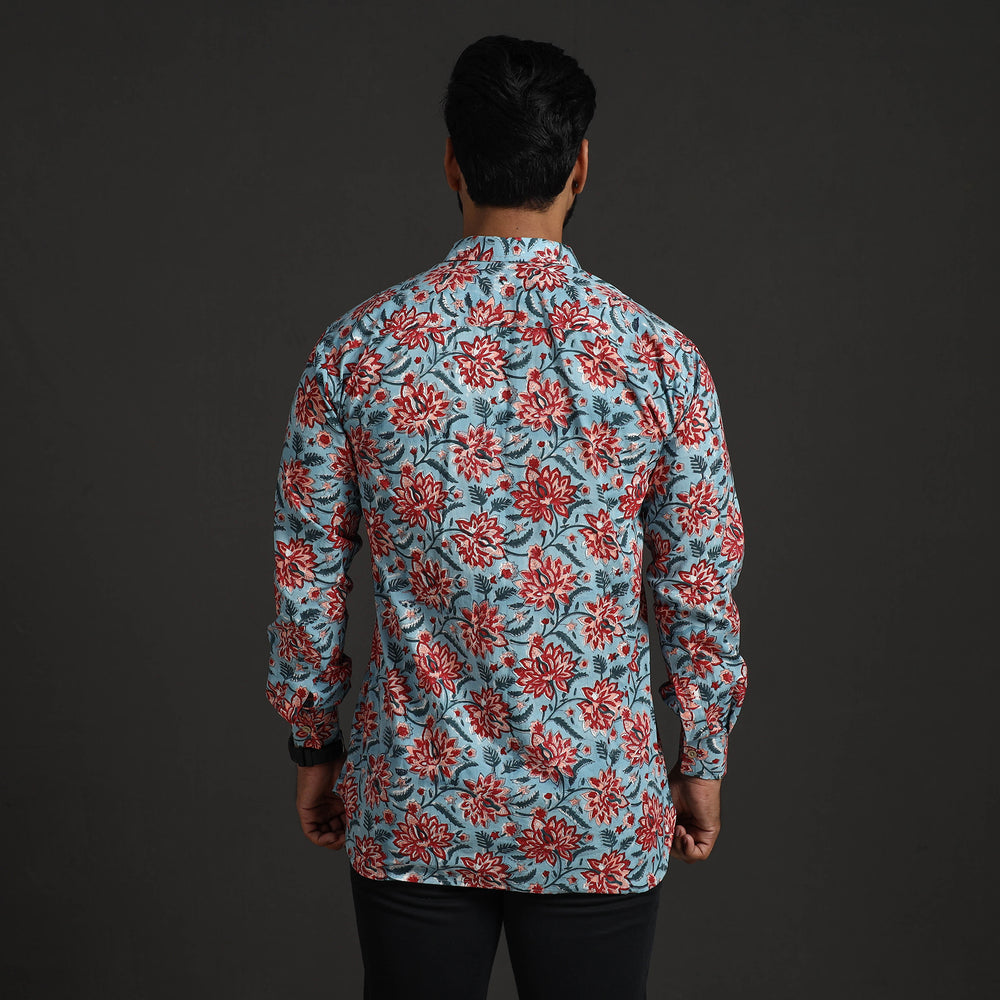 Blue - Sanganeri Block Printed Cotton Men Full Sleeve Shirt 13