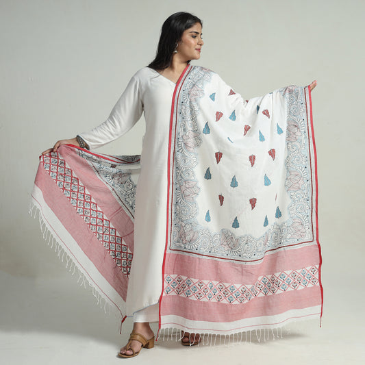 White - Bengal Kantha Embroidery Cotton Handloom Dupatta 105
