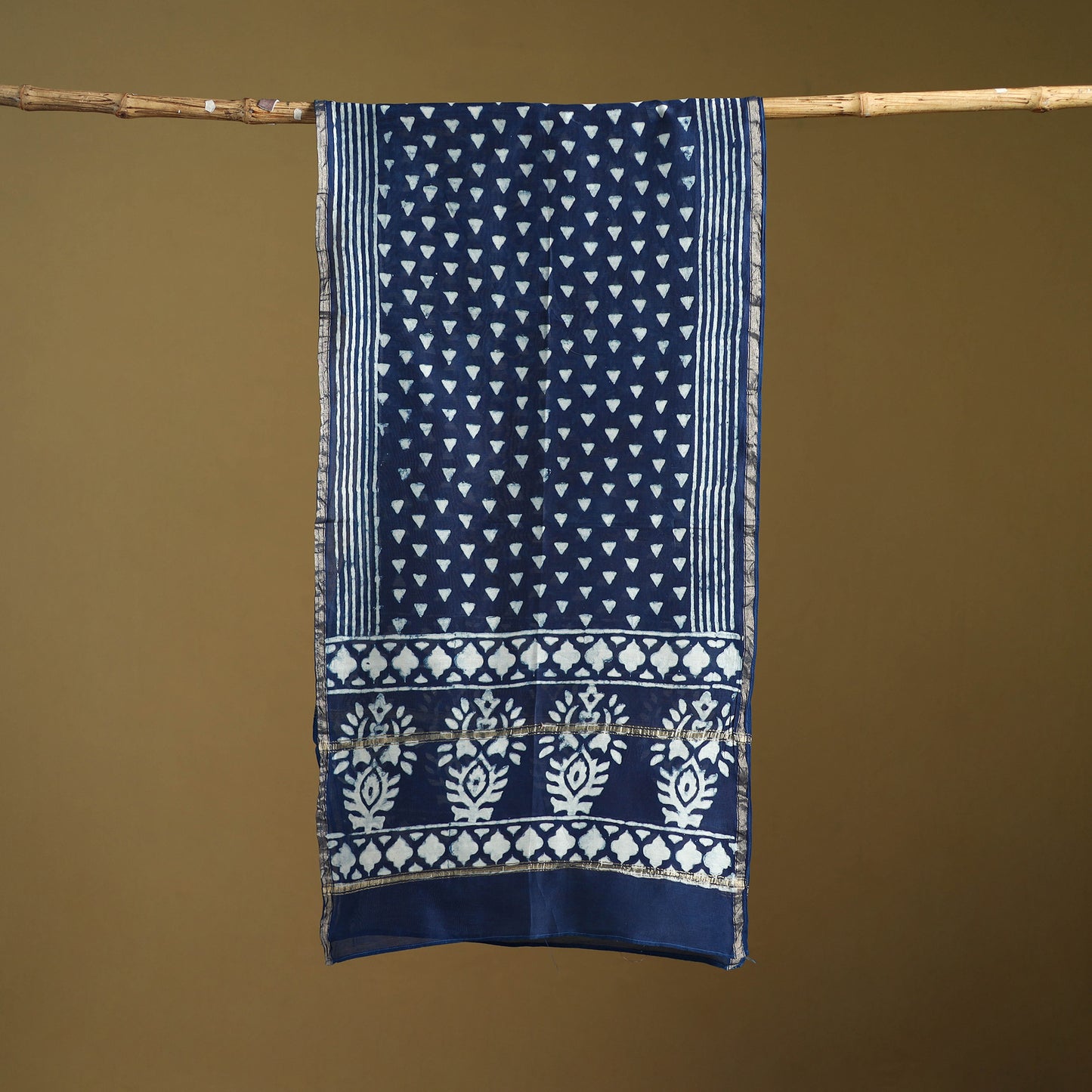 Blue - Pipad Hand Block Print Natural Dyed Chanderi Silk Handloom Stole 32