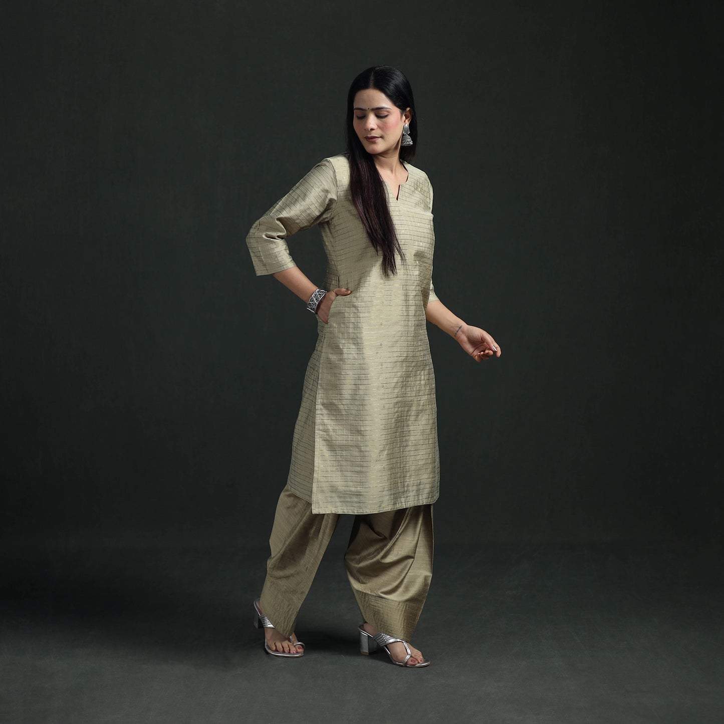 Spun Dupion Viscose Silk Zari Buti Straight Kurta with Salwar Set for women 09