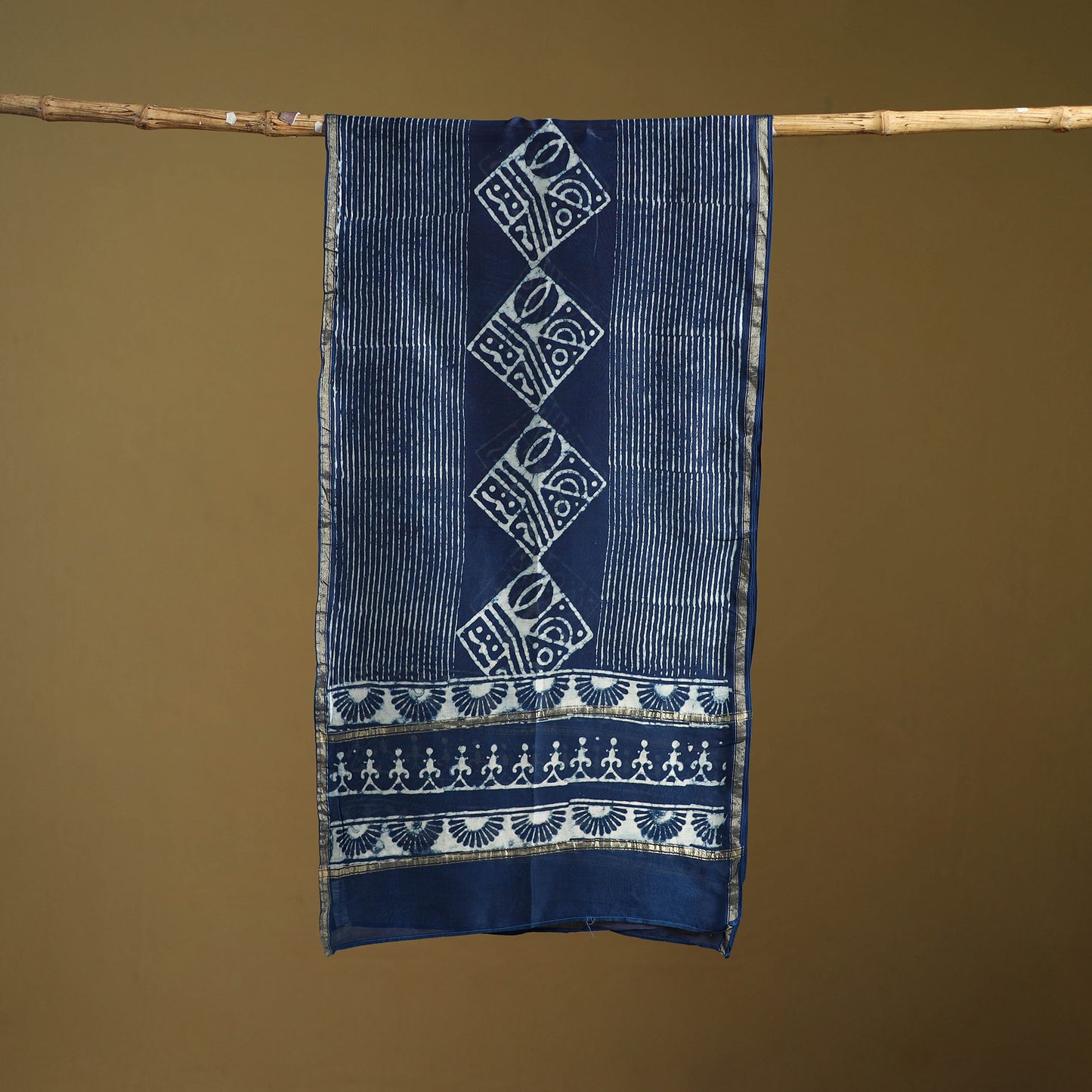 Blue - Pipad Hand Block Print Natural Dyed Chanderi Silk Handloom Stole 33