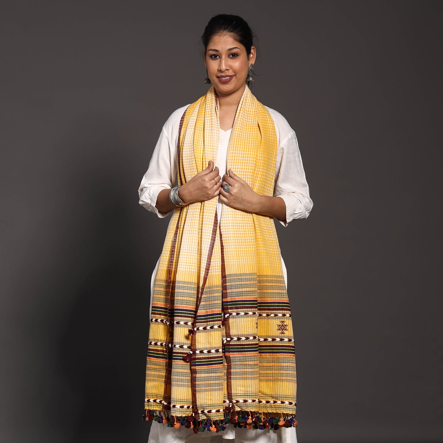 Yellow - Kutchi Traditional  Embroidered Handwoven Bharwadi Checks Pure Wool Shawl