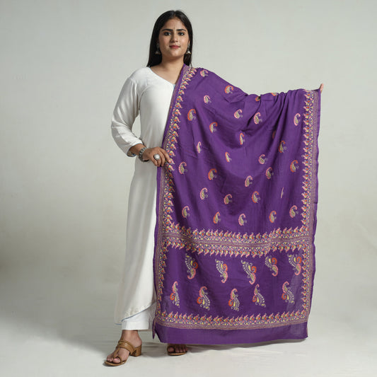 Purple - Bengal Kantha Embroidery Cotton Handloom Dupatta 106