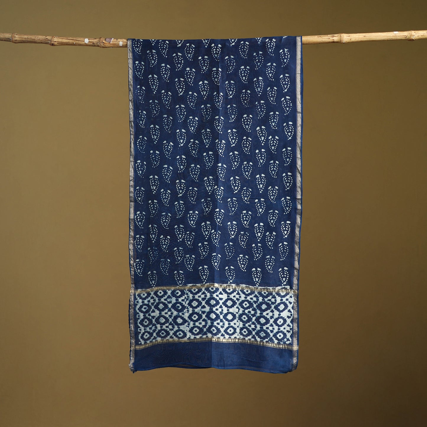 Blue - Pipad Hand Block Print Natural Dyed Chanderi Silk Handloom Stole 34