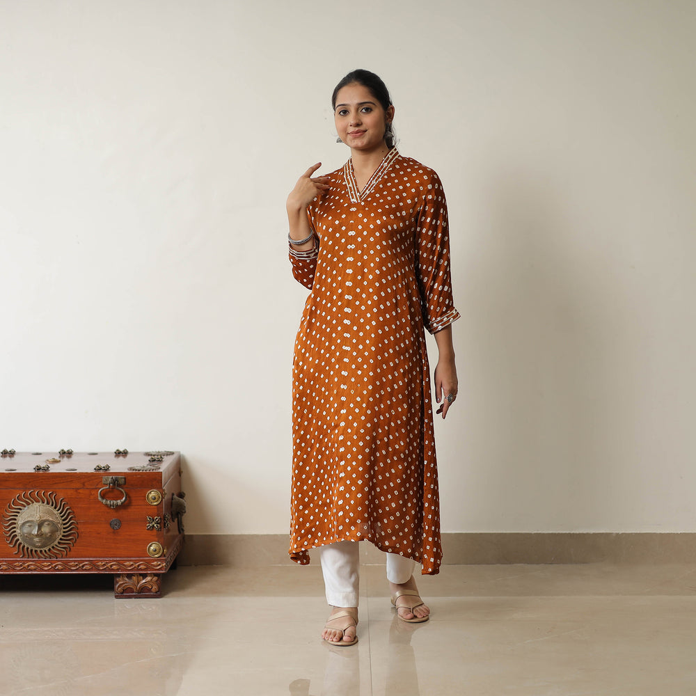 Orange - Tie & dye Modal Silk A-Line Bandhani Kurta 12