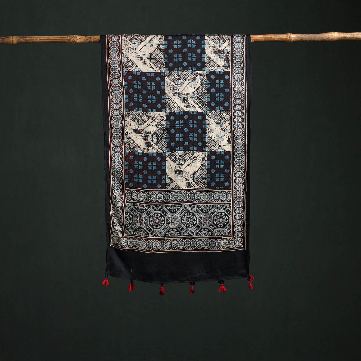 Modal Silk Ajrakh Hand Block Print Natural Dyed Stole 38