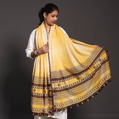 Yellow - Kutchi Traditional  Embroidered Handwoven Bharwadi Checks Pure Wool Shawl