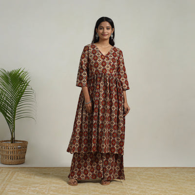 Red - Flared Cotton Block Print Kalamkari Kurta Set 14