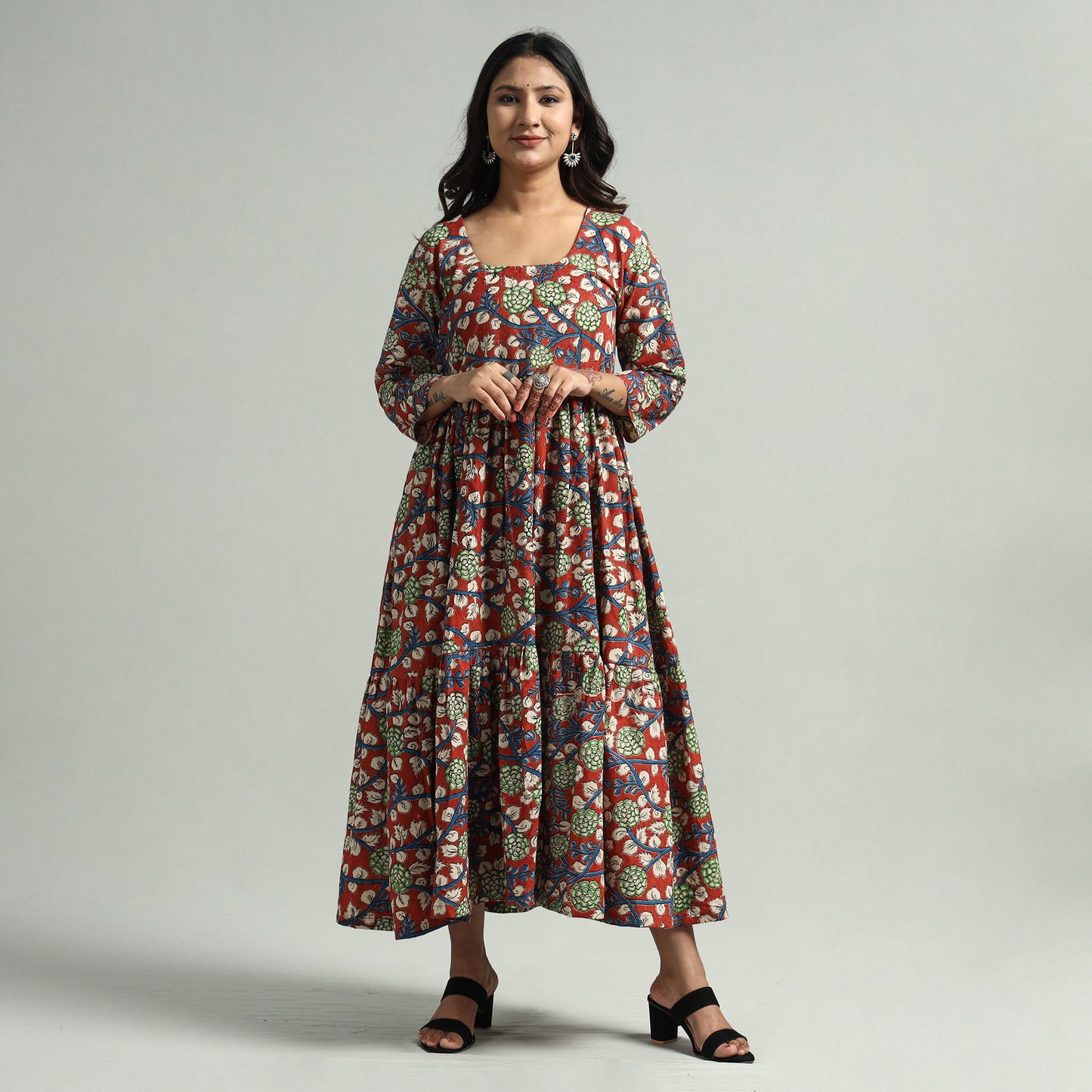Buy Kalamkari Printed Tiered Cotton Dress Online at iTokri.com
