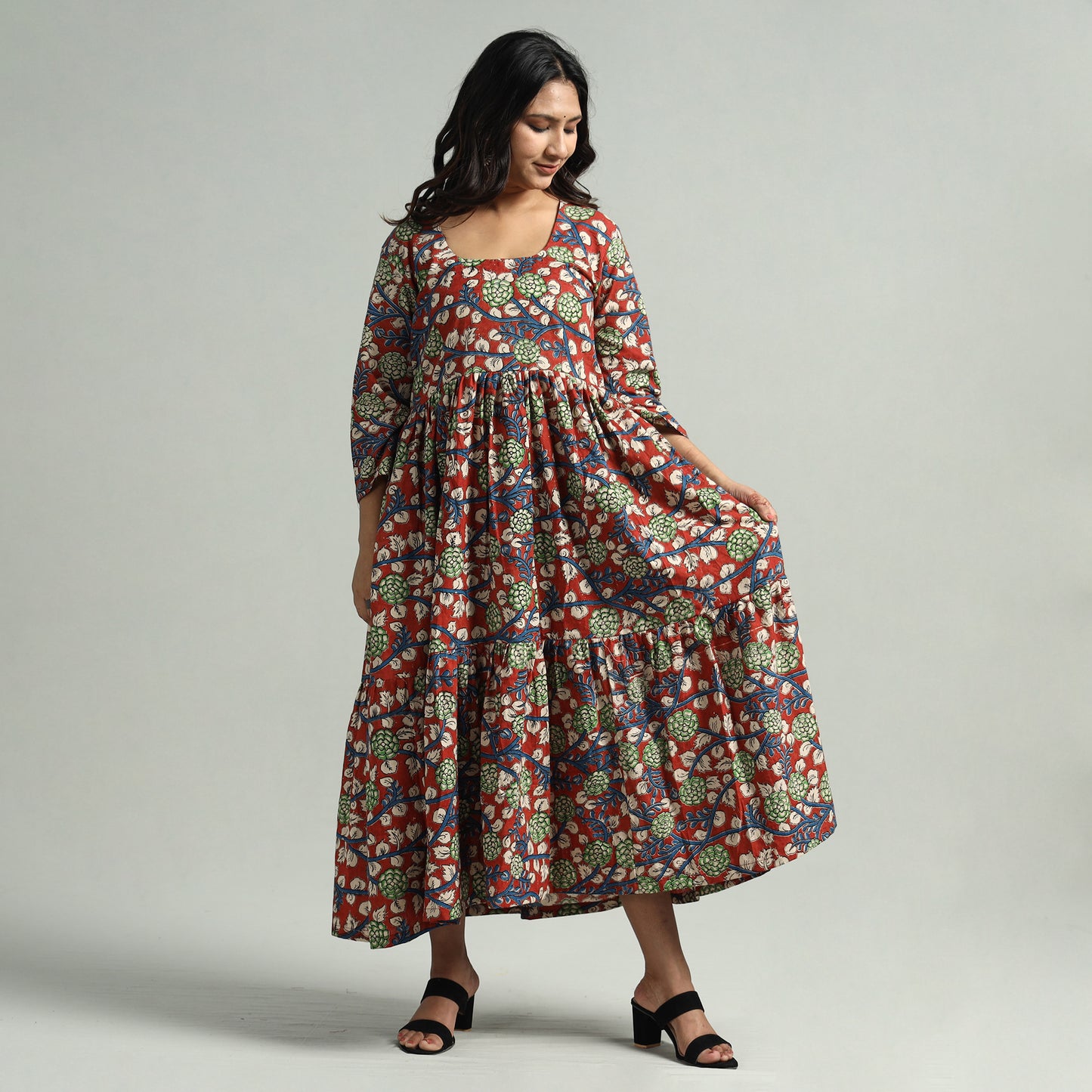 Buy Kalamkari Printed Tiered Cotton Dress Online at iTokri.com