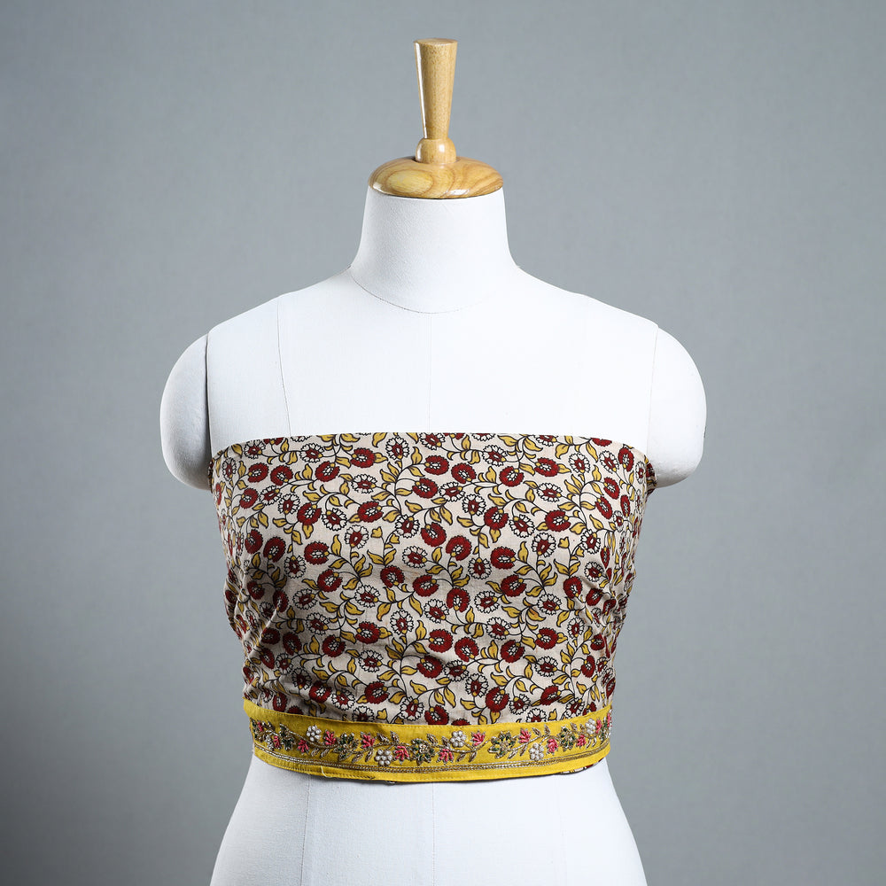 Beige - Zardozi Hand Embroidered Kalamkari Cotton Blouse Piece 20