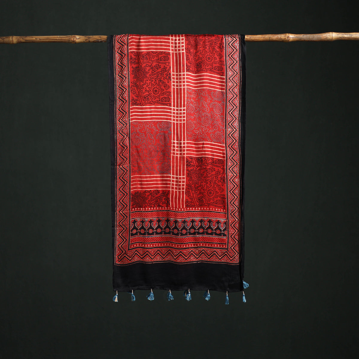 Modal Silk Ajrakh Hand Block Print Natural Dyed Stole 36