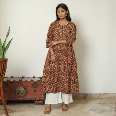 Dark Brown - Kalamkari Hand Block Printed Cotton A-Line Kurta 23