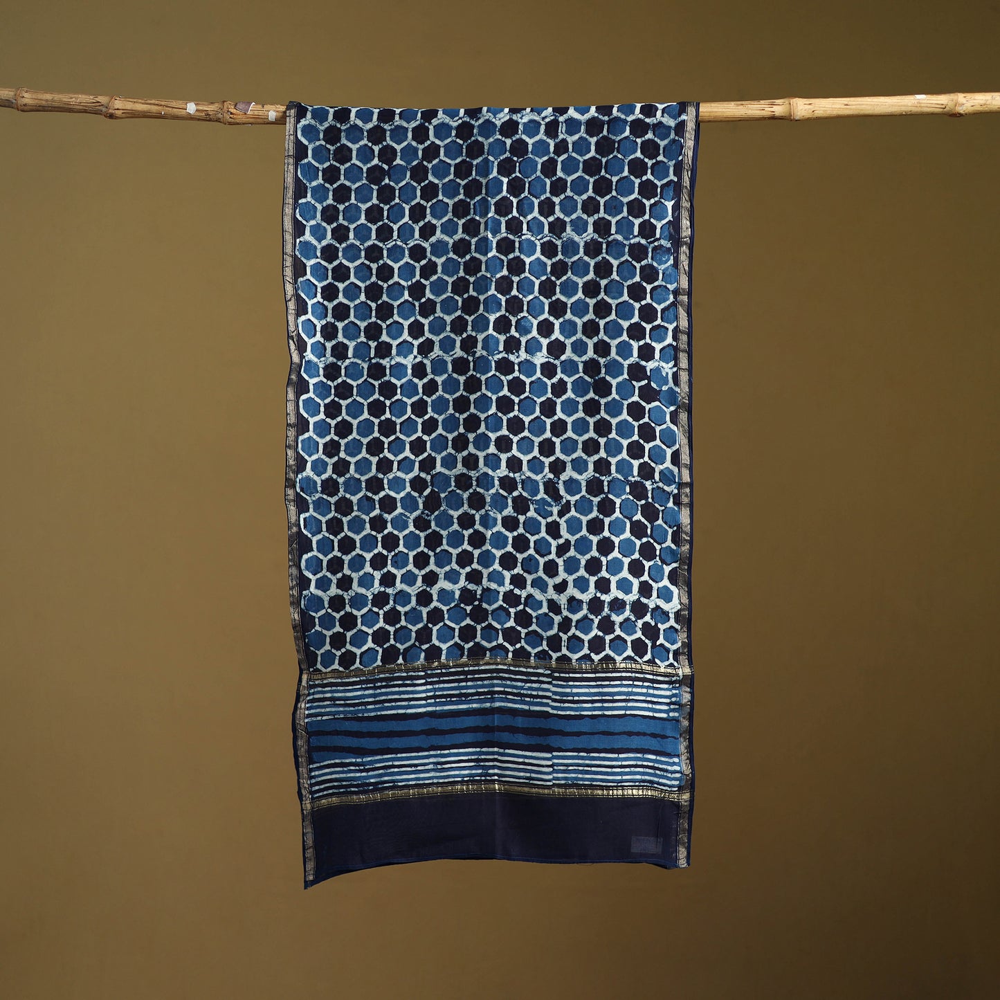 Blue - Pipad Hand Block Print Natural Dyed Chanderi Silk Handloom Stole 36