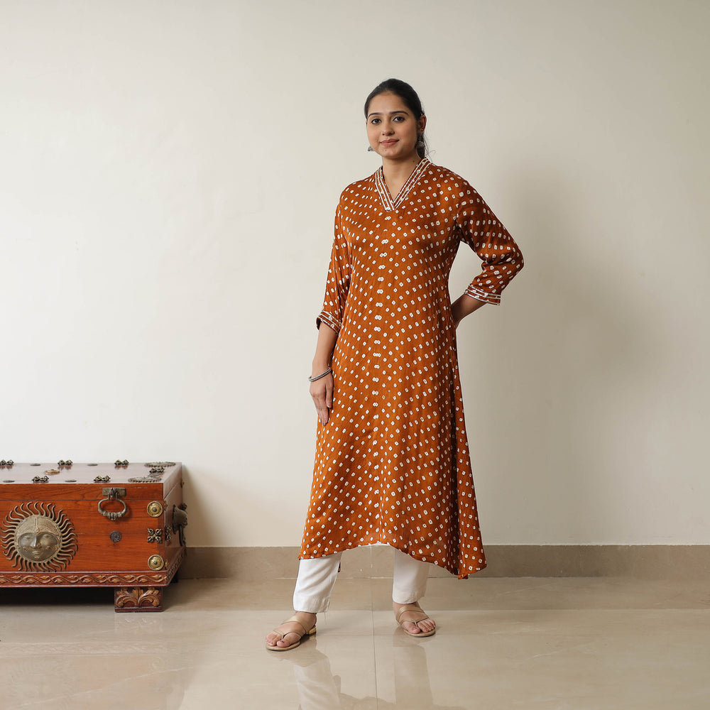 Orange - Tie & dye Modal Silk A-Line Bandhani Kurta 12