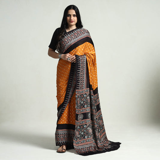 Black - Ajrakh Block Printed Bandhani Modal Silk Saree