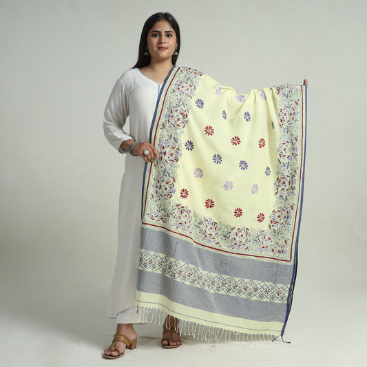 Yellow - Bengal Kantha Embroidery Cotton Handloom Dupatta 107