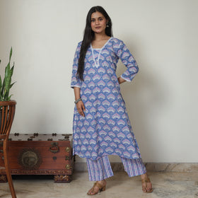 Blue - Sanganeri Block Printed Cotton Kurta with Palazzo Set 08