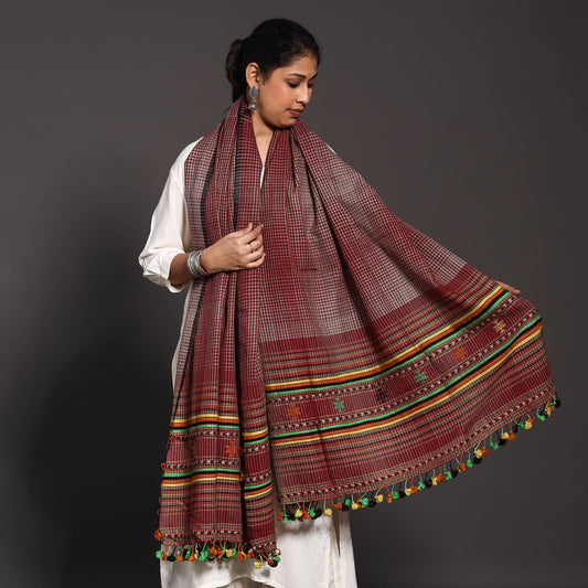 Maroon - Kutch Handwoven Bharwadi Checks Pure Wool Embroidered Shawl