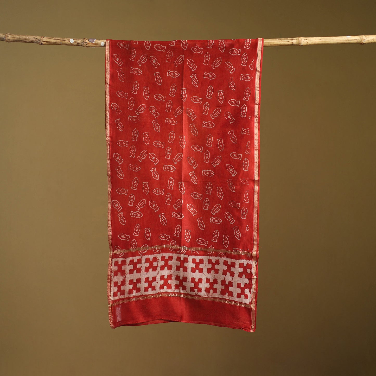 Red - Pipad Hand Block Print Natural Dyed Chanderi Silk Handloom Stole 38