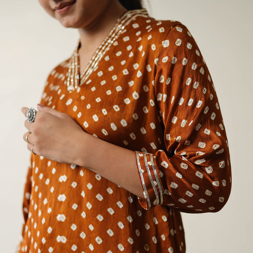 Orange - Tie & dye Modal Silk A-Line Bandhani Kurta 12