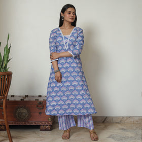 Blue - Sanganeri Block Printed Cotton Kurta with Palazzo Set 08