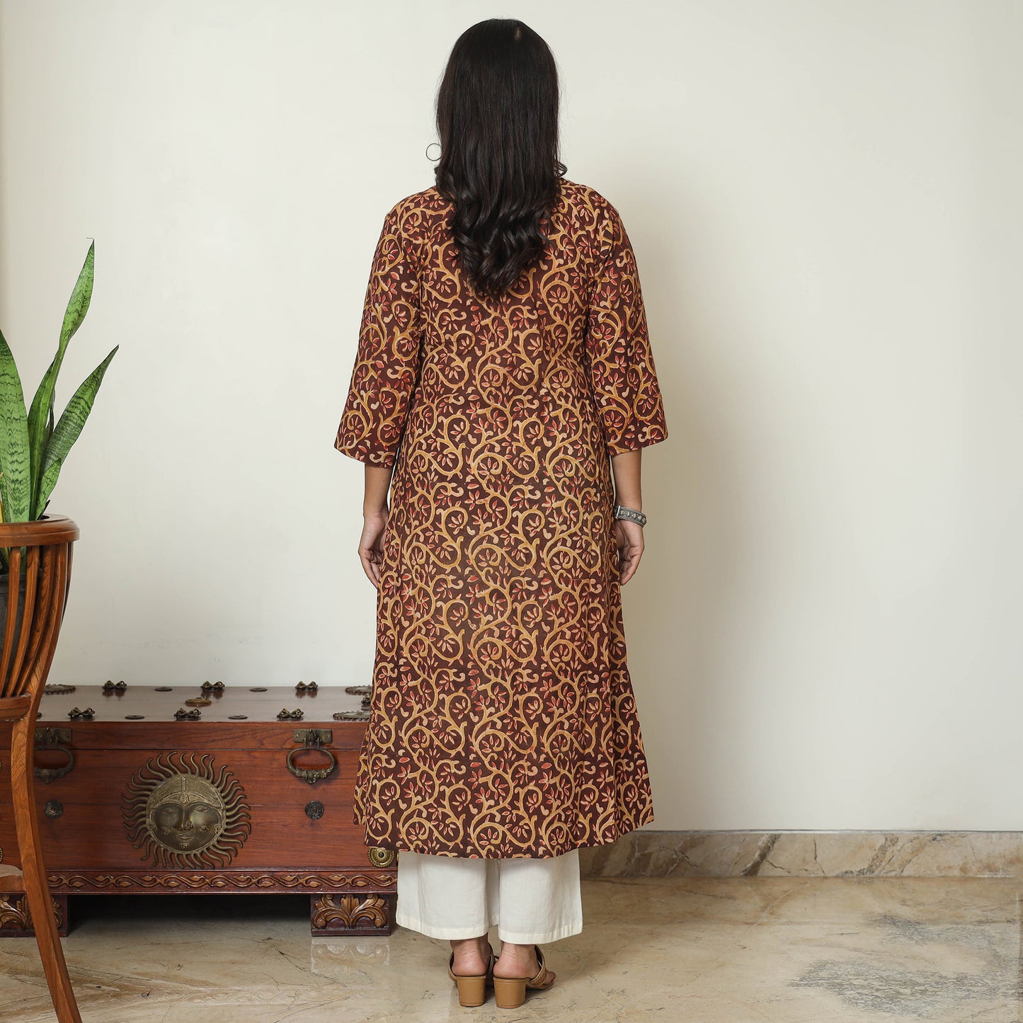 Dark Brown - Kalamkari Hand Block Printed Cotton A-Line Kurta 23