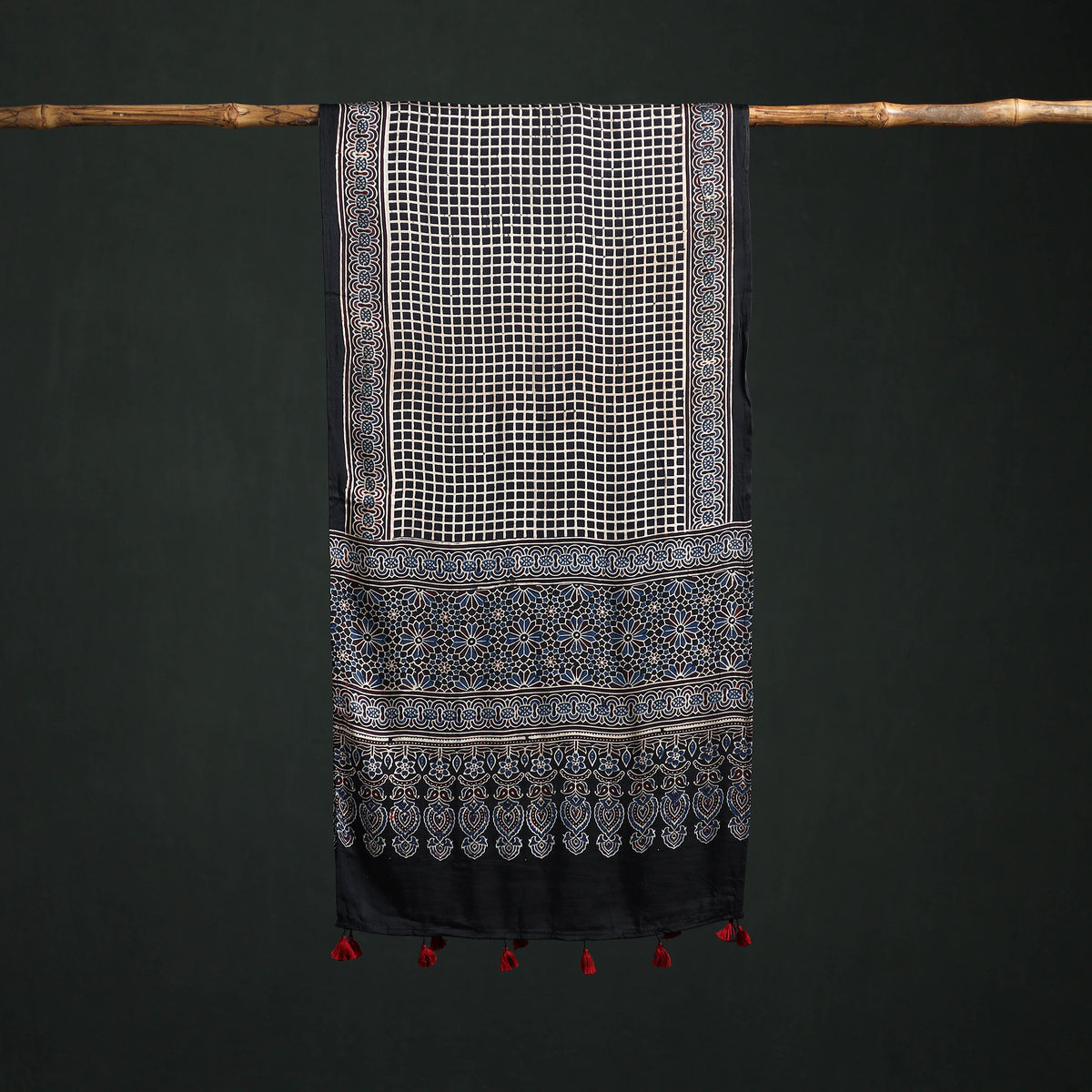 Modal Silk Ajrakh Hand Block Print Natural Dyed Stole 32