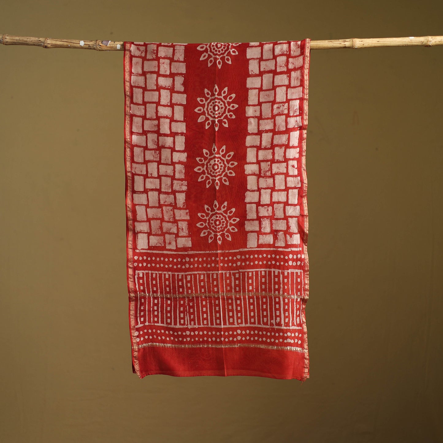 Red - Pipad Hand Block Print Natural Dyed Chanderi Silk Handloom Stole 40