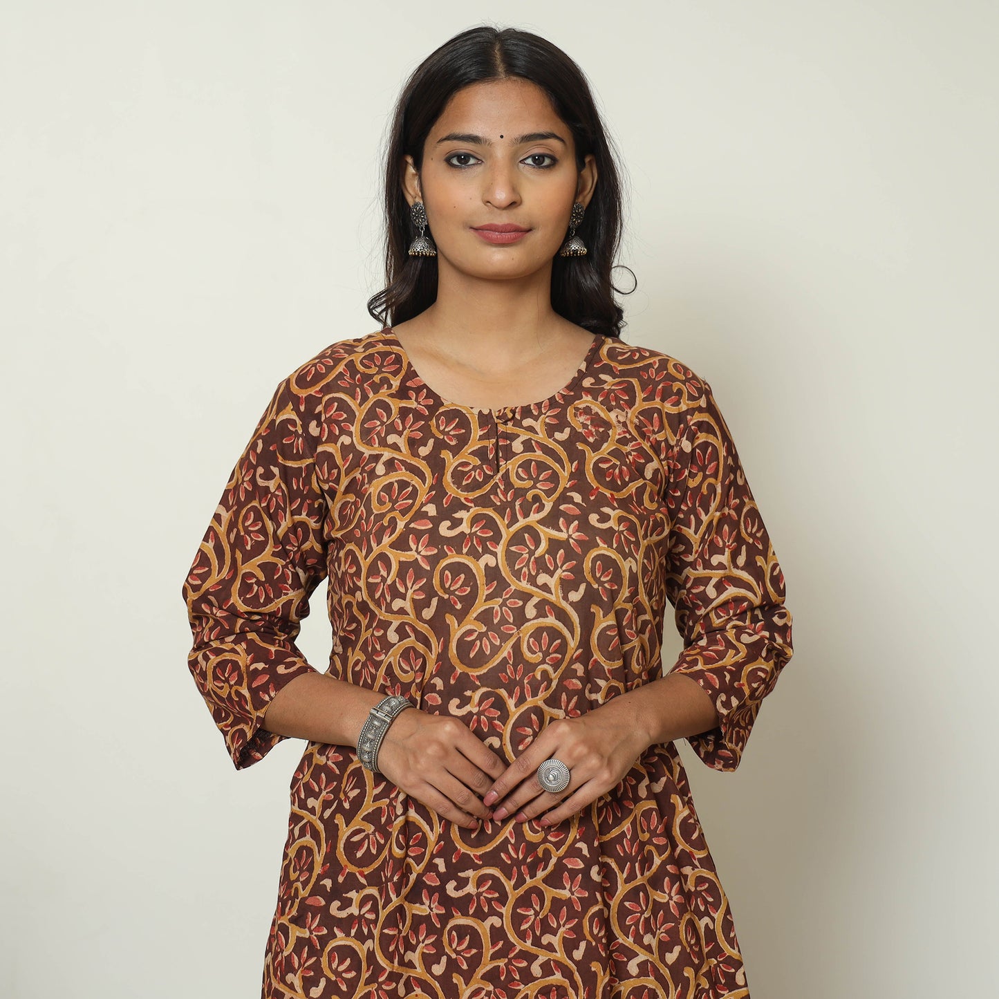 Dark Brown - Kalamkari Hand Block Printed Cotton A-Line Kurta 23