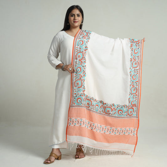 White - Bengal Kantha Embroidery Cotton Handloom Dupatta 108