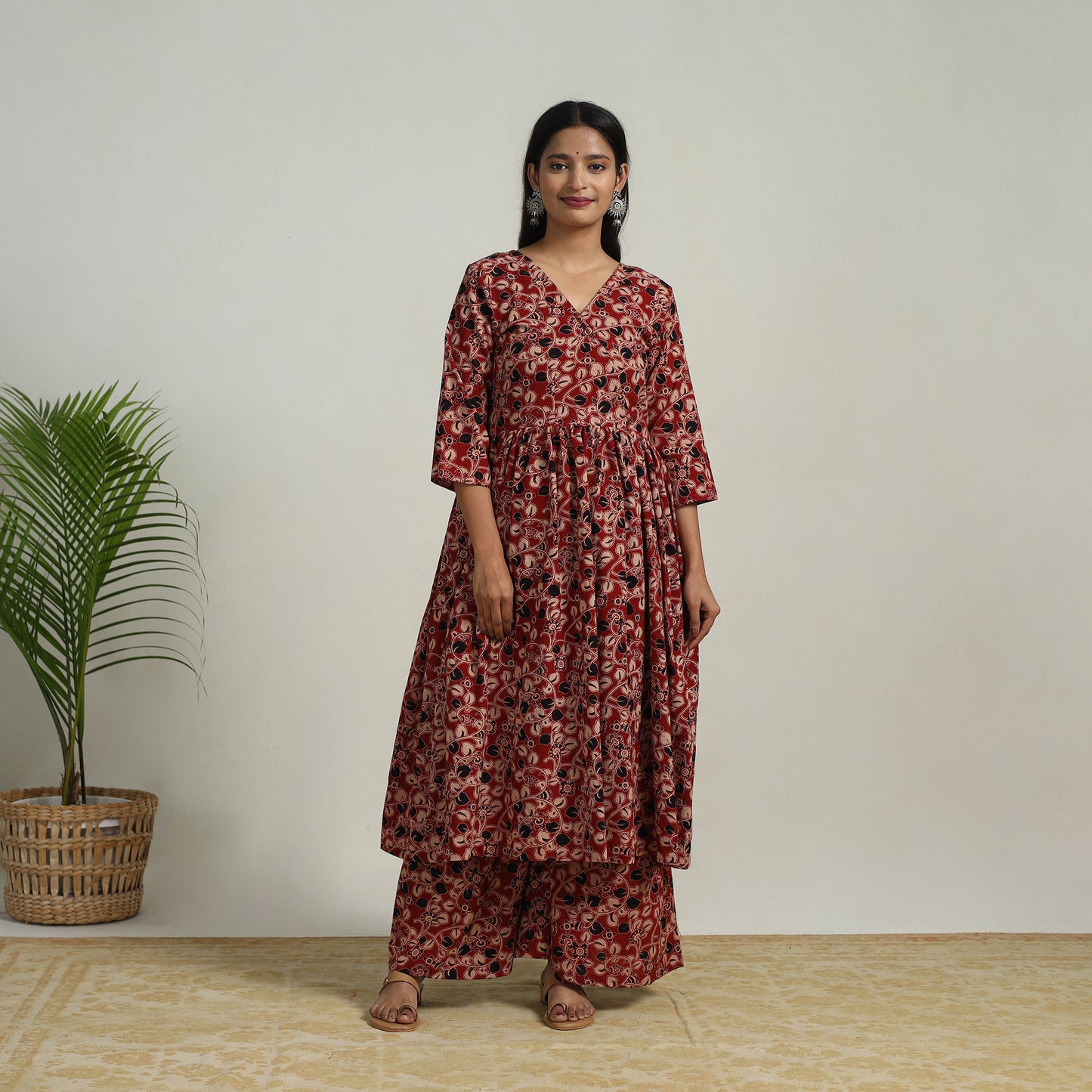 Red - Flared Cotton Block Print Kalamkari Kurta Set 15